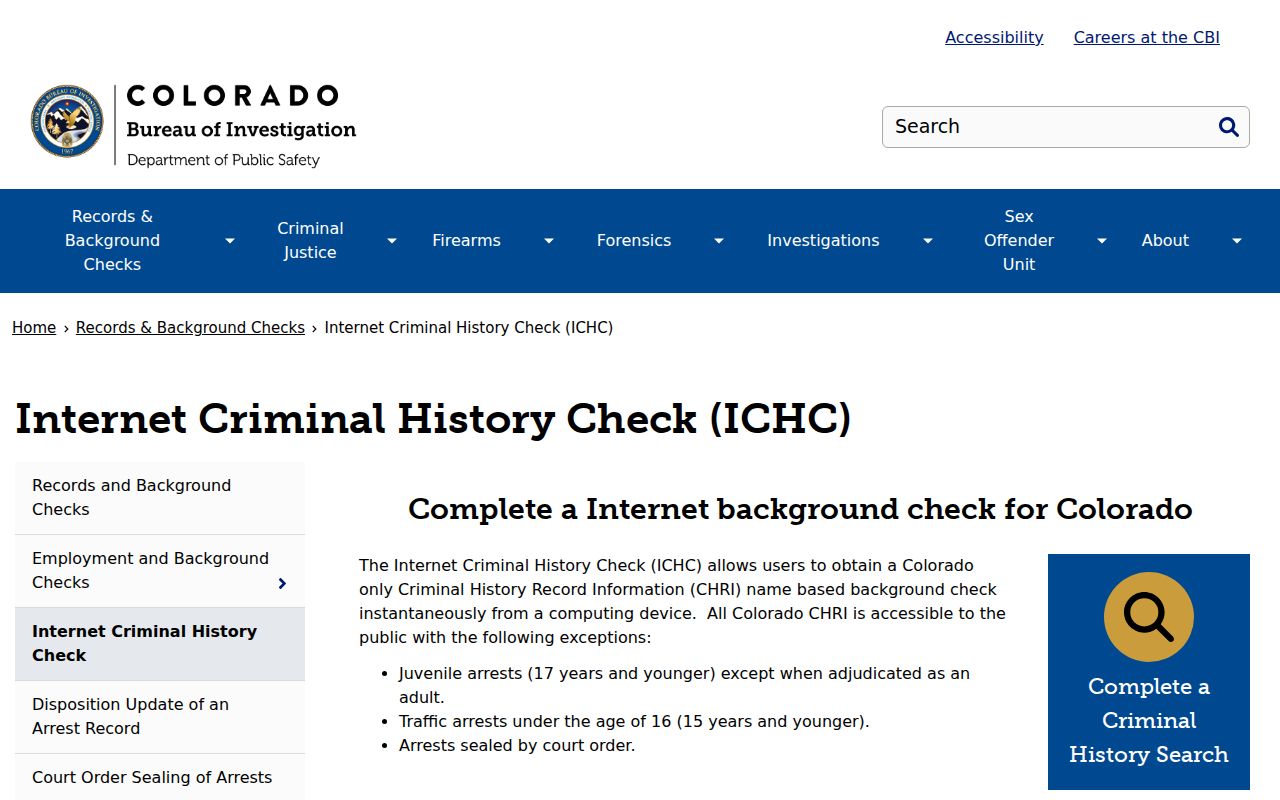 Colorado ICHC name-based criminal history search interface